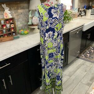 Slim Factor Aloha Border Maxi Dress Size Large Side Slits Blue Green Floral New